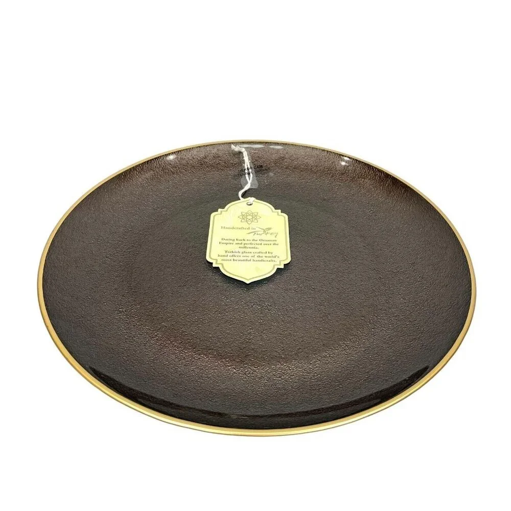 Turkish Glass 6 Entree Dinner Plates Set Brown Textured Gold Rim 11